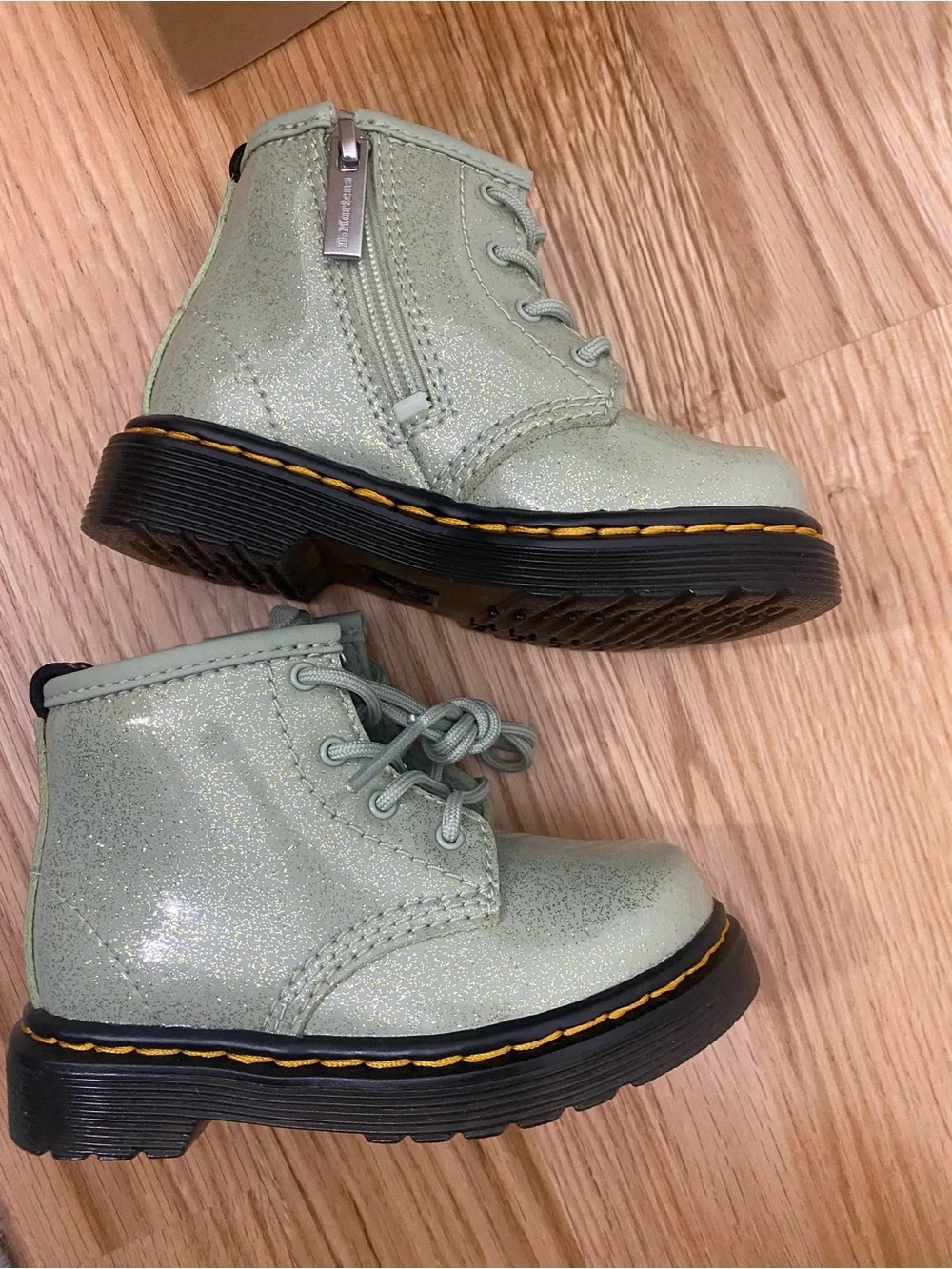 Dr. Martens Kids Mint Green Glitter Lace-Up Boots